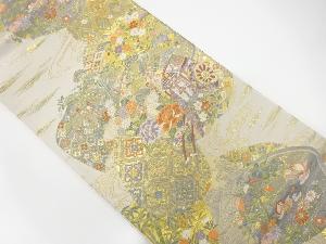 流水に丸紋・御所車模様織り出し　袋帯